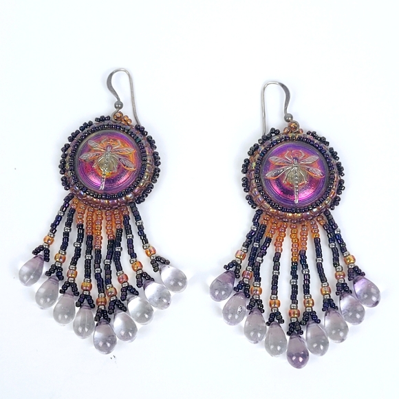 Vtg Dragonfly Earrings~Dangle Beaded~Teardrop~Leather Back~Handmade~Southwestern - Picture 1 of 14